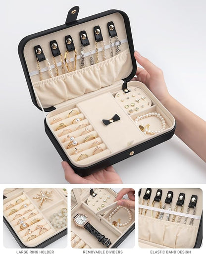 2-Layer Travel Jewelry Box for Women, Portable Jewelry Organizer with Mirror & Removable Dividers, PU Leather Jewelry Case Gift for Wife, Mom, Girlfriend (Black Beige)