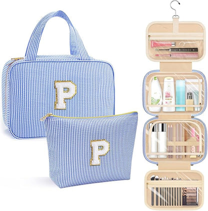 YOOLIFE Hanging Toiletry Bag for Women - Travel Toiletry Bag Makeup Bag, Portable Toiletries Cosmetic Bag, Airplane Travel Essentials - Letter P, Blue