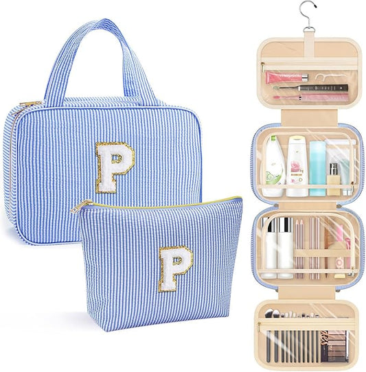 YOOLIFE Hanging Toiletry Bag for Women - Travel Toiletry Bag Makeup Bag, Portable Toiletries Cosmetic Bag, Airplane Travel Essentials - Letter P, Blue
