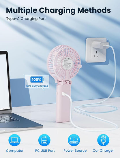 HandFan 5200mAh Handheld Fan Rechargeable, 20H Runtime Hand Fan, 3 Speeds Strong Airflow, Personal 180° Foldable Portable Fans for Travel/Summer/Concerts/Lash/Commute, Gifts for Women (Cherry Pink)