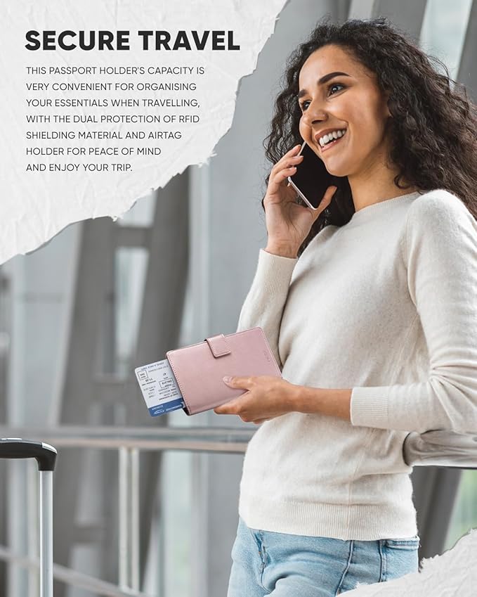 VULKIT Passport Holder with Airtag Holder RFID Blocking Passport Wallet Travel Leather Passport for Women(Pearl Pink)