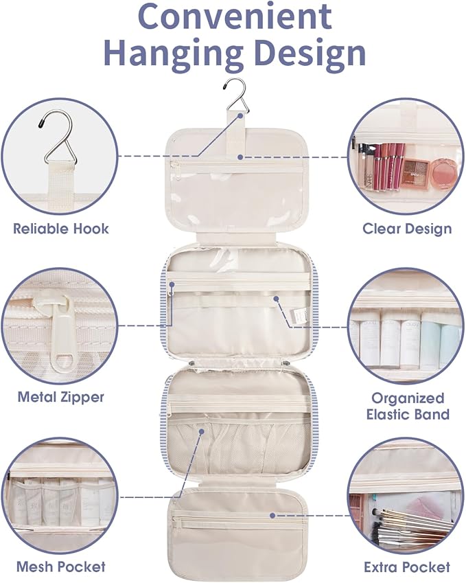 Narwey Striped Travel Toiletry Bag for Women Large Hanging Makeup Bag Organizer Toiletries Bag for Full Size Essentials Accessories Cosmetics (Greyish Blue Stripe (Large))