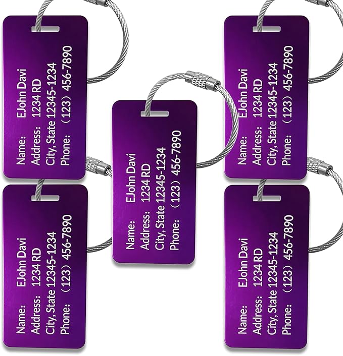 (5pack Made in USA) Personalized Luggage Tags-Custom Metal Luggage Tags for Suitcases, Backpacks Bags Handbags (Purple (3.8×2))
