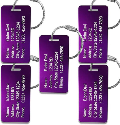 (5pack Made in USA) Personalized Luggage Tags-Custom Metal Luggage Tags for Suitcases, Backpacks Bags Handbags (Purple (3.8×2))