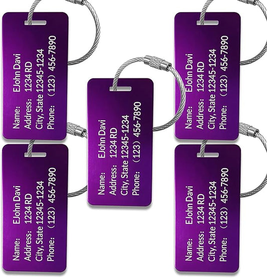 (5pack Made in USA) Personalized Luggage Tags-Custom Metal Luggage Tags for Suitcases, Backpacks Bags Handbags (Purple (3.8×2))