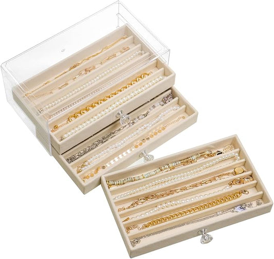 SPAKOWN Necklace Organizer Box, Velvet Necklace Box Holder Tray with Clear Lid Chains Showcase Stackable Necklace Storage for Pendant Bracelet (3 Drawers - Beige)