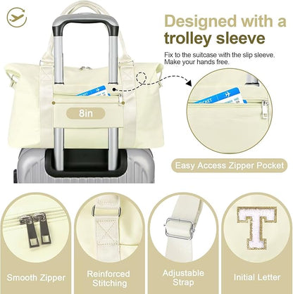 Dance Gym Duffel Bag for Teen Girls, Personalized Initial Travel Weekender Bag,Cute Overnight Carry On Duffle for Women,Sports Travel Cheer Bag,Monogram Christmas Gifts for Tween Preppy(beige-T)