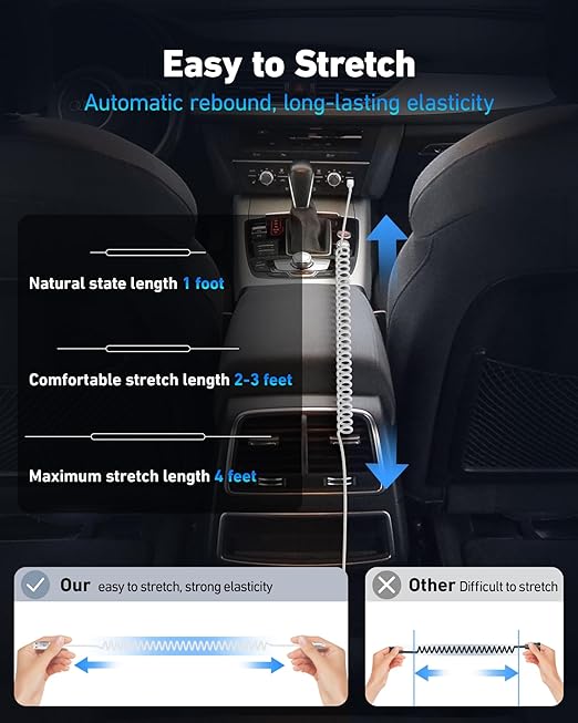 Coiled USB to USB C Cable for Car 3FT/6FT, USBC Cables Fast Charging Braided USB-A to USB-C Phone Charger Cord USB Type C Cable for iPhone 17 16 15 Pro Max, Samsung Galaxy S24 S23-2Pack Silver