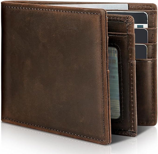 Mens Wallet Genuine Leather Bifold RFID Blocking Wallet for Men with 1 ID Window 13 Card Holders 2 cash pockets 1 Gift Box
