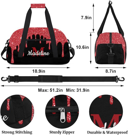 Personalized Kids Sports Duffel Bag with Name Custom Weekender Overnight Bag for Boys Girls Gym Bag Travel Dance Gymnastics Duffel Bag, Red Glitter