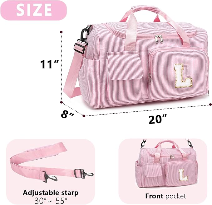 Kids Travel Duffle Bag Dance Bag Gifts for Girls Initial Gym Bag with Shoes Compartment for Women Lightweight Weekender Bags Pink-L