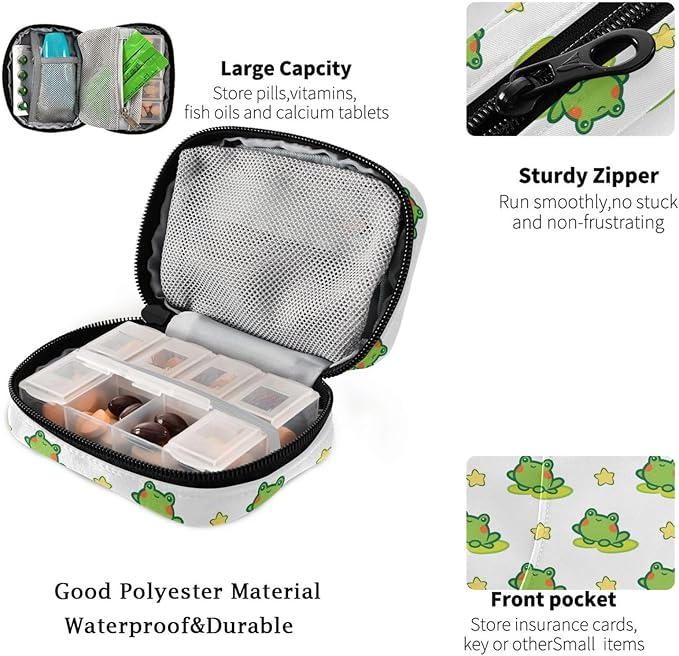 Fustylead Travel Pill Organizer Case Zipper for Purse with Removable Weekly Pill Box for Medicine, Vitamin, Supplement Medicine Organizer (Green Frog)