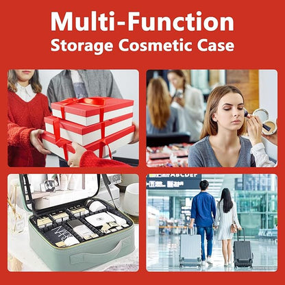 Travel Makeup Bag for Makeup Artists Large Makeup Case,with Mirror 3 Color Setting and Detachable 10x Magnifying Mirror Travel Makeup Bag,Portable Storage and Adjustable Dividers（red）