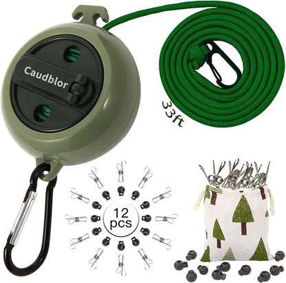 Portable Travel Clothesline Cord, Caudblor Adjustable 33ft Camping Clothes line, Laundry Drying Rope for Hotel Trip, Cruise, Outdoor/Indoor, with 12Pcs Stoppers, Windproof Clothespins