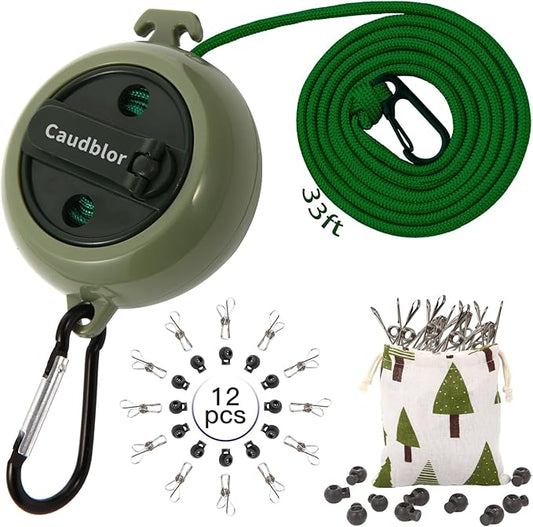Portable Travel Clothesline Cord, Caudblor Adjustable 33ft Camping Clothes line, Laundry Drying Rope for Hotel Trip, Cruise, Outdoor/Indoor, with 12Pcs Stoppers, Windproof Clothespins
