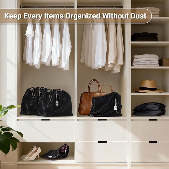 Ewen 19.6x15.7in Dust Bags for Handbags, 7 Pack of Black Dustproof Silk Bags with Drawstring for Travel, Purse Wallet Bags for Storage, Satin Covers for Shoes and Boots, Pouches Organizer for Closet