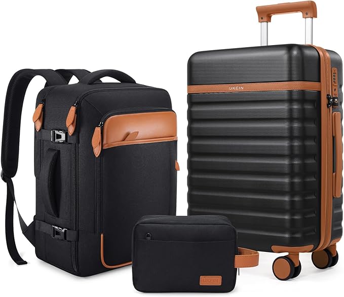 UKEIN Luggage Sets 3 Piece, PC Hardside Large Luggage 28 Inch With Spinner Wheels with TSA Lock, Checked Suitcase Set With Travel Backpack for Men (Black, 3 piece set (28inch))