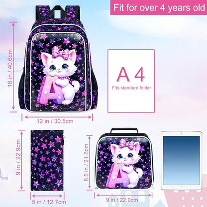 WZLVO 3PCS Girls Cat Backpack Set, 16" Glittery UV Printing Kids Bookbag/School Bag with Lunch Box & Pencil Bag for Preschool to Elementary - Cat Holding Letter A