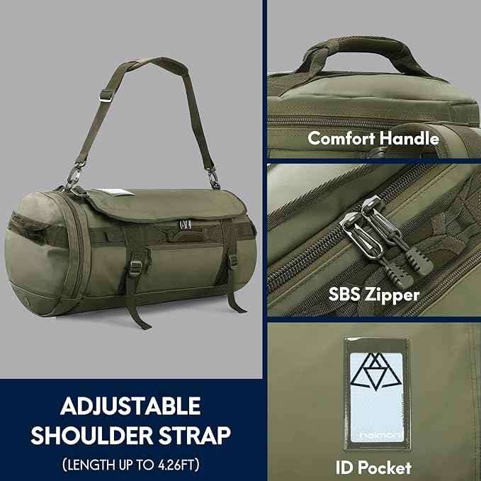 Haimont Large Duffle Bag Backpack for Men Women, 60L Convertible Travel Duffel Bags with Shoes Compartment, Carry on Durable Duffle for Sports Gym Hiking Camping, Water-resistant, Army Green