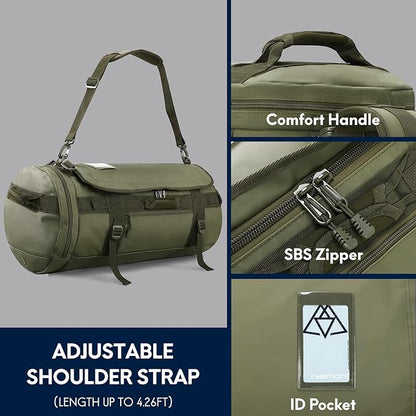 Haimont 45L Gym Duffle Backpack Bag Convertible Travel Duffle with Shoes Compartment for Men Women with Straps, Water-resistant, Army Green