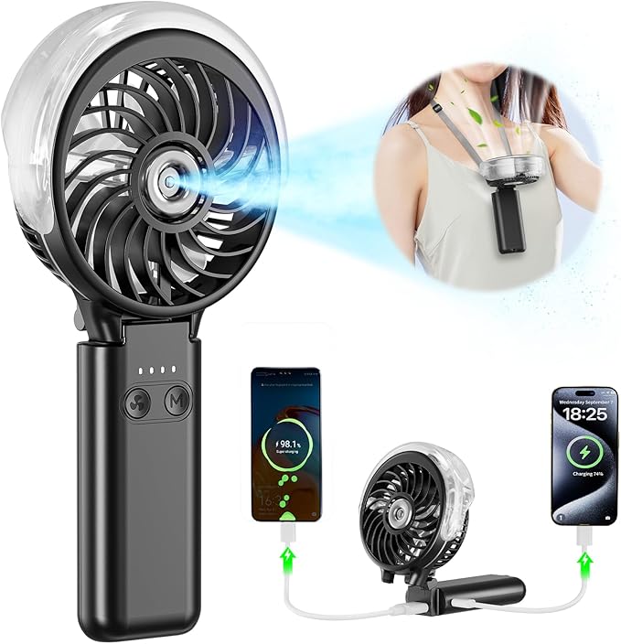 HandFan 5200mAh Upgraded Personal Misting Fan, Rechargeable Handheld Mister Fan, Spray Water Mist Fans, Portable Cooling AC, Electric Mini Hand Fans for Beach Travel Outdoors(Black)