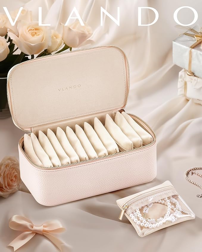 Vlando Teacher Gifts for Women,Jewelry Box with 12 Velvet Jewelry Bags Travel Jewelry Case for Girls Jewelry Organizer for Travelers Birthday Gift Ideas for Women (Pink)