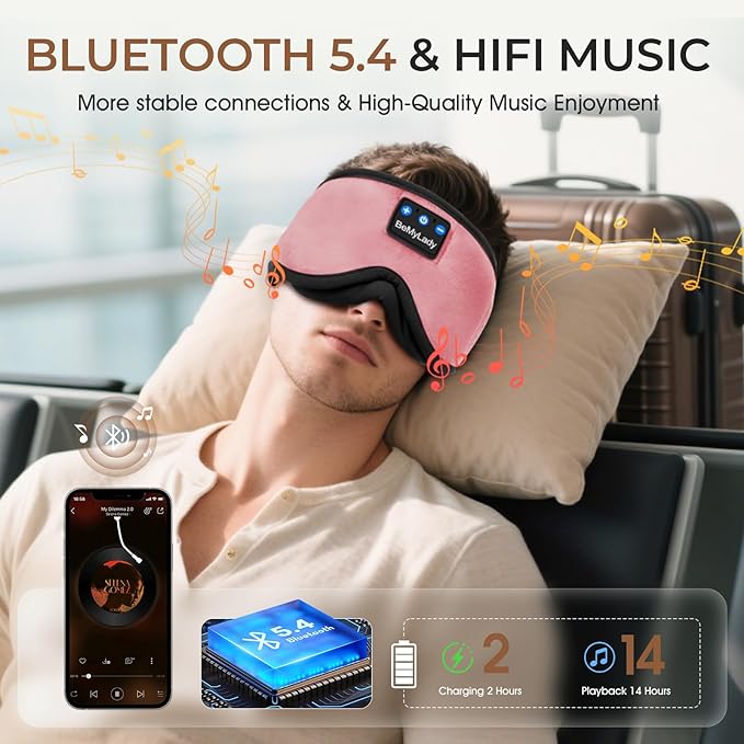 Sleep mask Headphones,100% Blackout 3D Zero Eye Pressure Bluetooth Sleep mask Breathable Eye mask with Bluetooth Headphones Sleep Headphones for Side Sleepers, 14H Playtime&Bluetooth 5.4 Pink