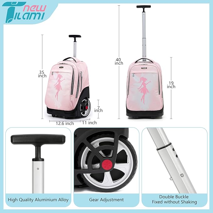 NEW TILAMI 19 Inch Rolling Backpack with Lunch Bag for Girls Boys Wheeled Laptop Backpack Durable Carry-on Bag School Travel, Flower Fairy