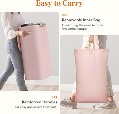 Lifewit 105L Laundry Basket with Lid, Large Laundry Hamper with Plastic Handles and Removable Bag, Foldable Tall Dirty Clothes Hampers for Laundry for Laundry Room, Bedroom, Bathroom, Dorm, Pink