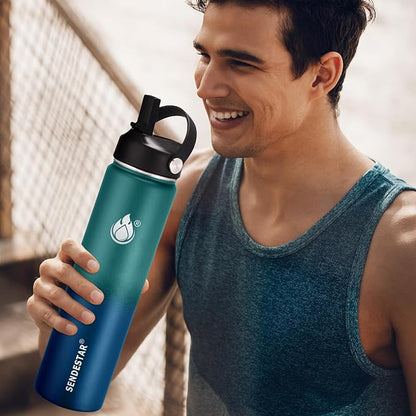 Insulated Water Bottle 24 oz with Straw, Stainless Steel Wide Mouth Water Bottle, Double Wall Vacuum Leak Proof with Straw Lid & Spout Lid for Sports or Office, Keep Cold or Hot Up to 24 Hrs