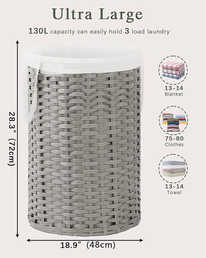 34.3 Gal (130 L) Large Laundry Hamper Laundry Basket Round Handwoven Wicker Laundry Baskets Rattan Laundry Basket with Removable Bag Handles 2 Mesh Bags for Living Room Bedroom Gray