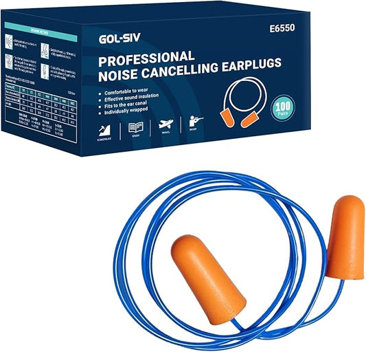 NRR 33dB-Foam Ear Plugs with Cord,Individually Packed,100 Pairs/Box,for Work & Construction Site,Orange