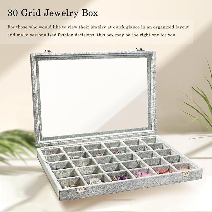 Stratalife Jewelry Organizer Jewelry Holder Storage Earring Organizer Box Tray with Lid Velvet Earring Display for Drawer 30 Grid Grey
