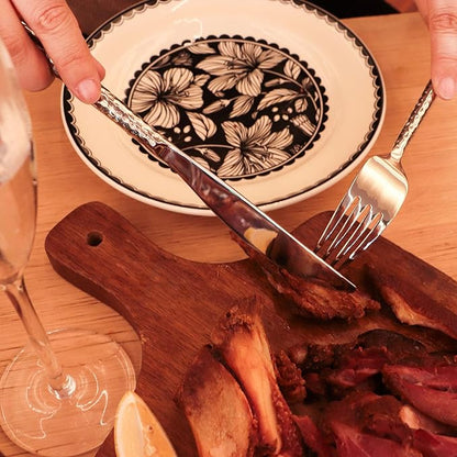 18/10 Stainless Steel Flatware Set Hand Forged Silverware Set Cutlery Set Round Hammered Handle Mirror Finished Heavy Duty 20 Pieces Service for 4