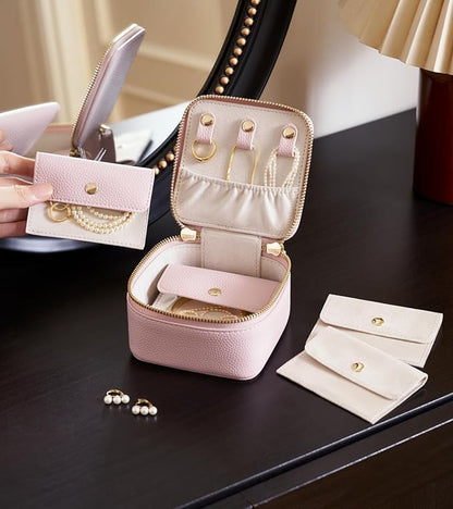 Popvibe Small Jewelry Box Portable Jewelry Case Travel Jewelry Organizers and Storage with 6 Mini Pouch Jewelry Bags, Pink Traveling Jewelry Case for Women