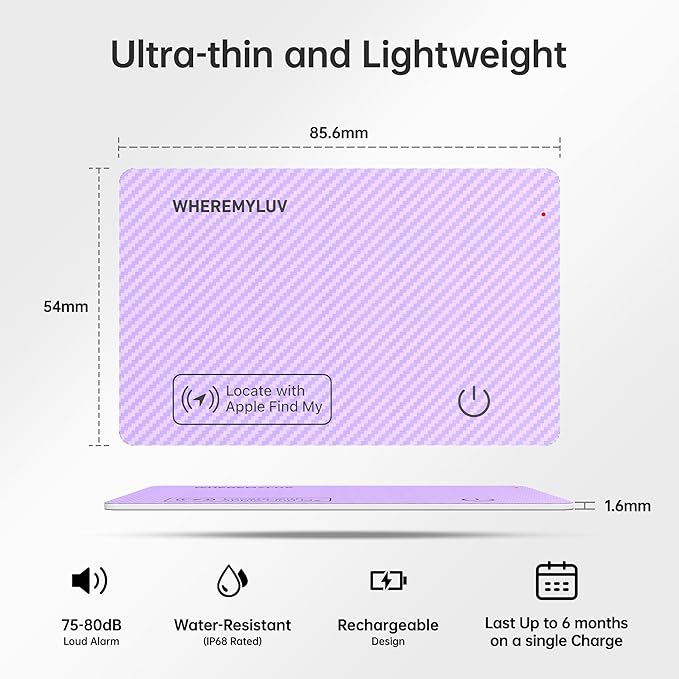 WHEREMYLUV-Item-Finder-for-Wallet, Ultra Thin Bluetooth Tracker Card Compatible with Apple Find My, Rechargeable GPS Locator, IPX8 Waterproof, Slim Smart Card for Men & Women (Purple)