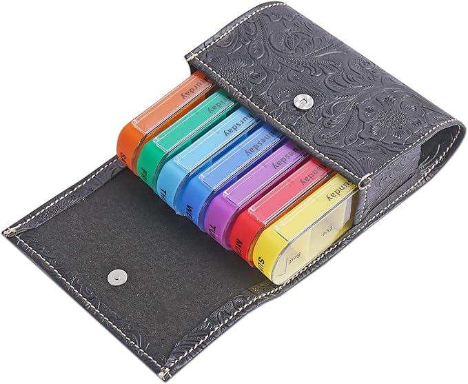 Pill Organizer,Haecsfl Weekly Travel Pill Case Box Medication Reminder Daily AM PM, Day Night 7 Compartments,for 4 Times A Day, 7 Days a Week-Includes Leather PU Carrying Case(1-Carved Black)