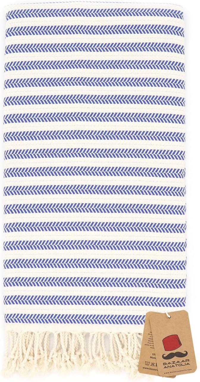 Bazaar Anatolia Turkish Beach Towel – 100% Cotton, Quick Dry, Sand Free Striped Towel for Bathroom and Camping – Oversized 71x39 Inches – Arpa Dark Blue
