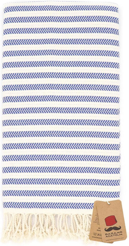 Bazaar Anatolia Turkish Beach Towel – 100% Cotton, Quick Dry, Sand Free Striped Towel for Bathroom and Camping – Oversized 71x39 Inches – Arpa Dark Blue