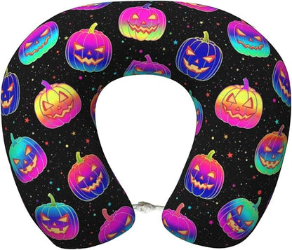 Neck Travel Pillow, Breathable Memory Foam Chin & Head Support Cushion Halloween Trippy Neon Pumpkin Skull for Airplane Car Sleeping Rest