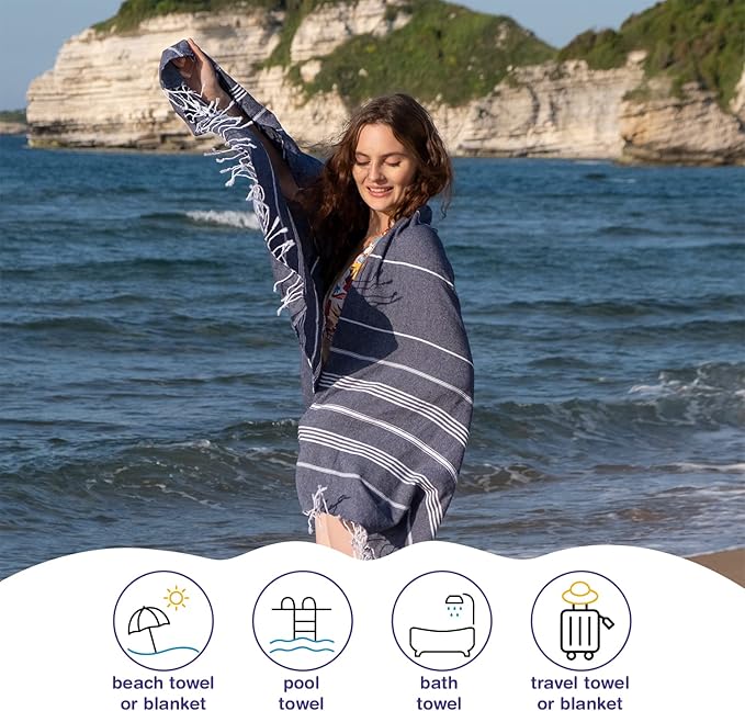 Turkish Beach Towels, Bulk Case of 12 | Oversized, Quick Dry, Sand Free | 100% Cotton, Large 38x71 Towels for Beach, Pool, Travel | Ultra-Soft, Compact, Absorbent | Navy