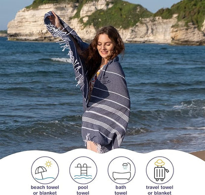 Turkish Beach Towels, Bulk Case of 12 | Oversized, Quick Dry, Sand Free | 100% Cotton, Large 38x71 Towels for Beach, Pool, Travel | Ultra-Soft, Compact, Absorbent | Navy