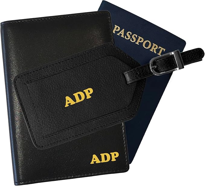 Personalized Monogrammed Black Leather RFID Passport Wallet and Luggage Tag