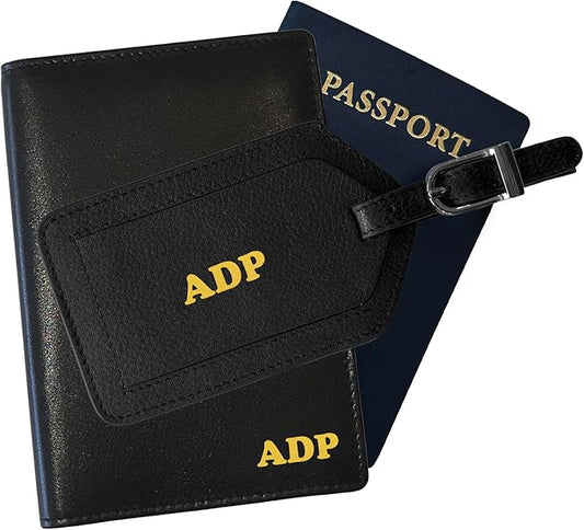 Personalized Monogrammed Black Leather RFID Passport Wallet and Luggage Tag