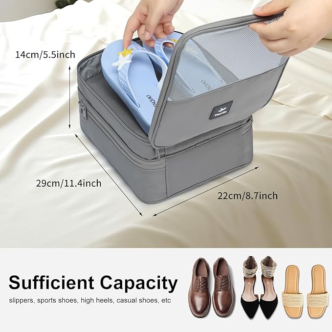 2 Layers Travel Shoe Bag, Portable Shoe Bags Hold 2 Pair Of Shoes, Water-Resistant Shoe Storage Pouch For Travel (Grey, 2 Pack)
