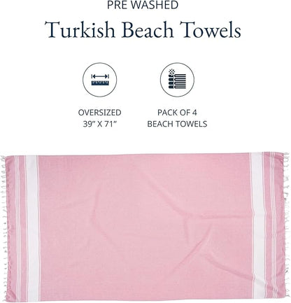 LANE LINEN Turkish Beach Towel Set of 4 - Beach Towels, Pre-Washed Pool Towel, Extra Large Beach Towel, Quick Dry & Sand Free, Absorbent Travel Towel, 39"x71" - Candy Pink