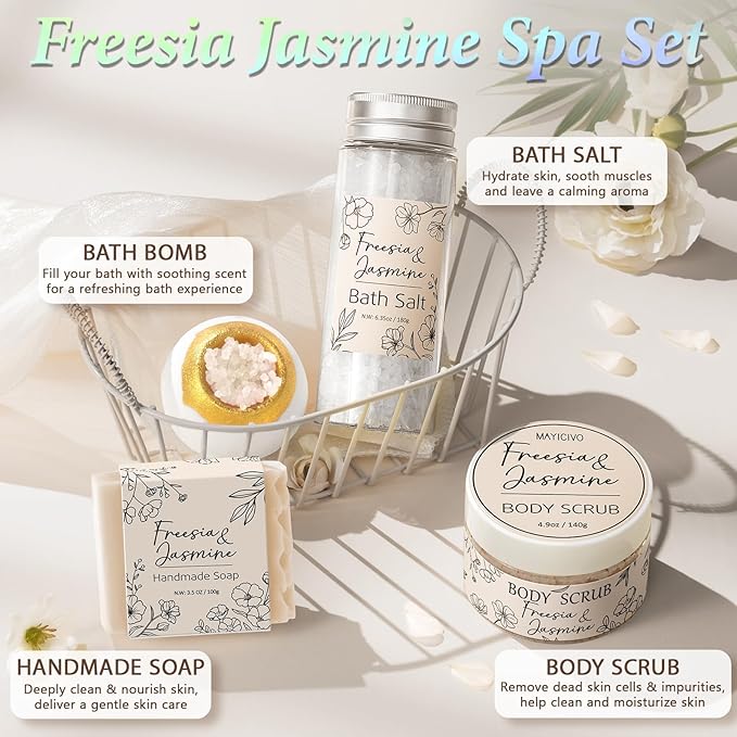 Spa Gifts for Women Bath Gift Set, Freesia & Jasmine Relaxing Spa Gift Basket Home Bath Set Self Care Kit Care Package Thank You Christmas Birthday Gifts for Women Mom Her Friend Sister Teen Girl Wife