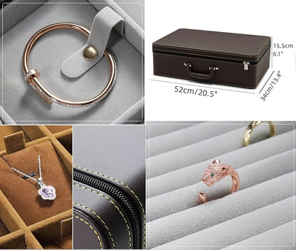 Jewelry Trays stacks Carriable with Handle Zipper Box Organizer Faux-Leather Accessory Case Storage(L6 Layers)