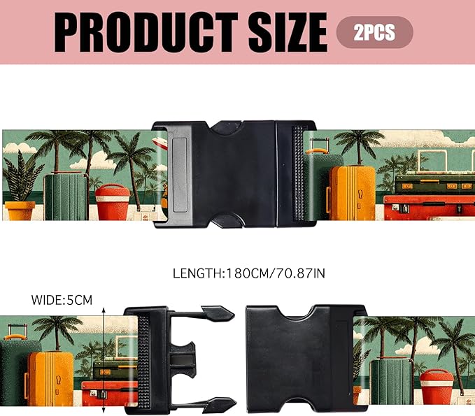 Nuxovilar Luggage Straps of 2 Set Travel Elements Pattern, 1.96x90.5 inches - Luggage Straps for Suitcases, Perfect for Vacation, Beach Trips, Travel Enthusiasts