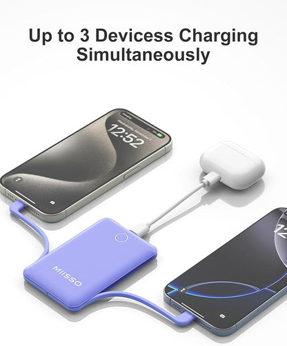 miisso 10000mAh Compatible with iPhone 15/16/17 and Android, Slim Portable Charger with Built in Cable, Power Bank Travel Charger External Battery Pack for Phone, 3 Output USB Type C Cord, Purple